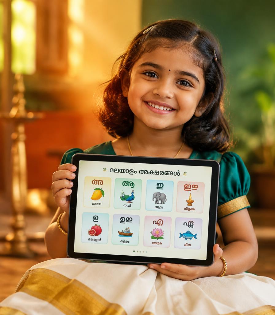 Mindloom Learning App ഉപയോഗിക്കുന്ന സന്തോഷവതിയായ കുട്ടി